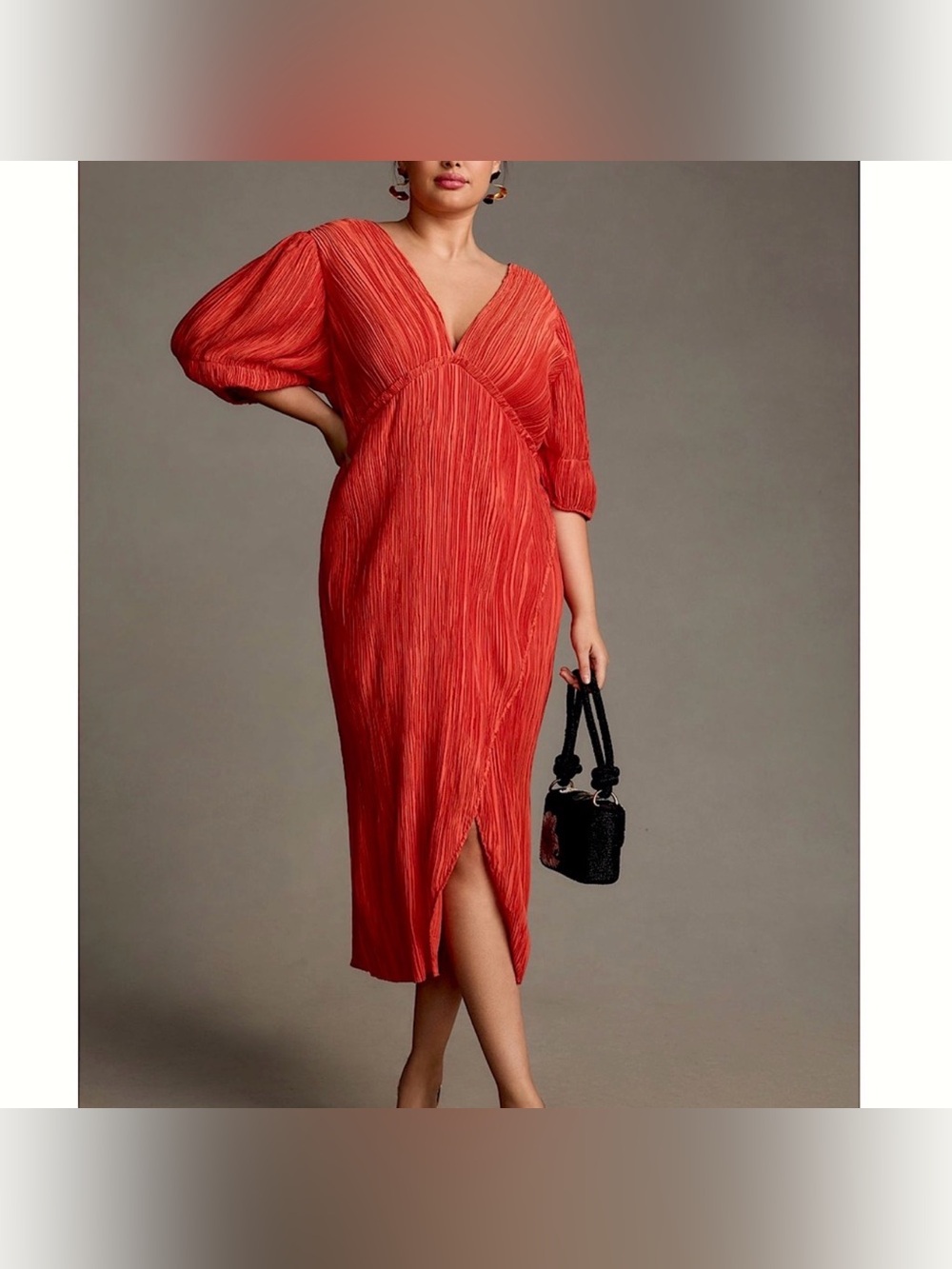 ANTHROPOLOGIE Double V-Neck Pleated Slim Midi Dress Red Summer Stretchy Size 2X